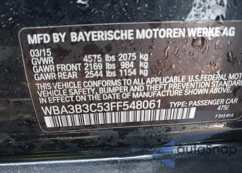 2015 BMW 328I xDrive из США, поврежденный, VIN WBA3B3C53FF548061